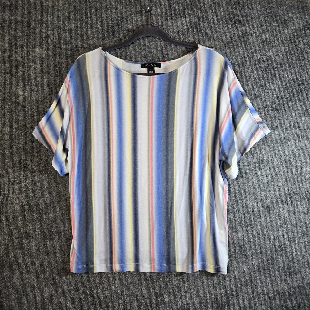 St John Top Womens M Blue Yellow Pastel Stripe Knit Dolman Sleeve Quiet Luxury